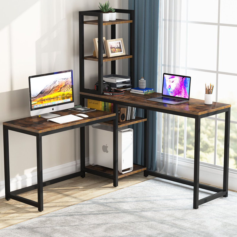 Inbox Zero LShaped Two Person Desk With Bookshelf, Double Computer